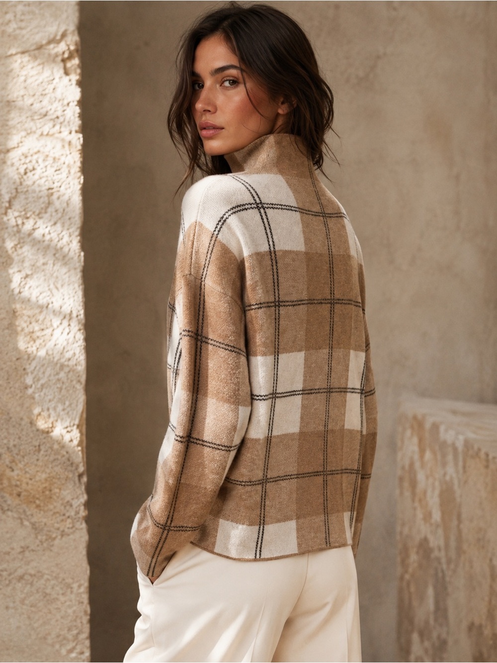 Rachel Zoe Neutral Plaid Mock Neck Sweater Cozy Winter Minimalist Knit, Size M